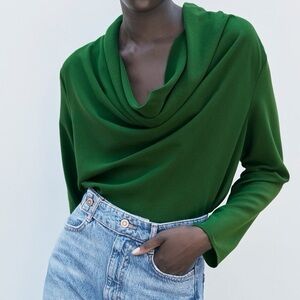NWT Zara Kelly Green Cowl Neck Flowy Blouse